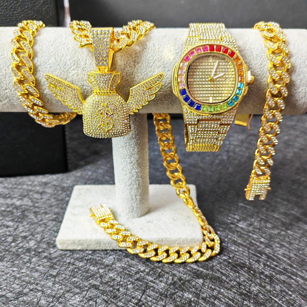 Full Set Gold Hip Hop Cuban Chain Watch suit Diamond Set Watch Bracelet Necklace Wristwatch Lced Out watch