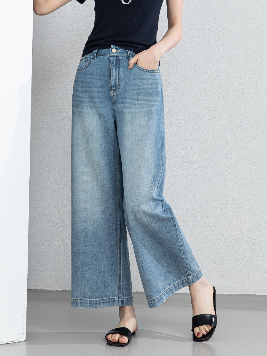 Quần jean nữ ống rộng cạp cao chất liệu tencel mềm mại, dáng suông thoải mái mùa hè — xanh lam