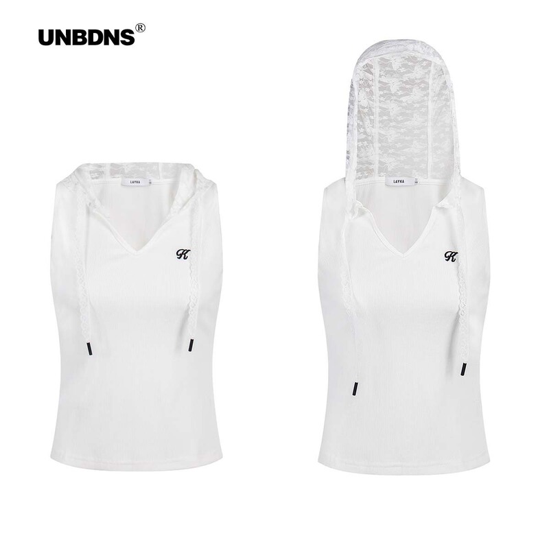 Unbdns 2025 Summer New Lace Hooded Sleeveless White Vest Sexy Slim Versatile Niche Top