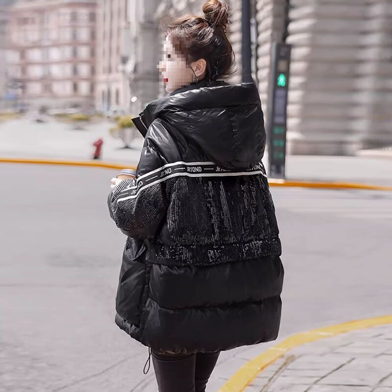 Hooded Long-Sleeved Jacket Winter New Women's Fashion Elegant Loose Sequin Stitching down Cotton Jacket Trend