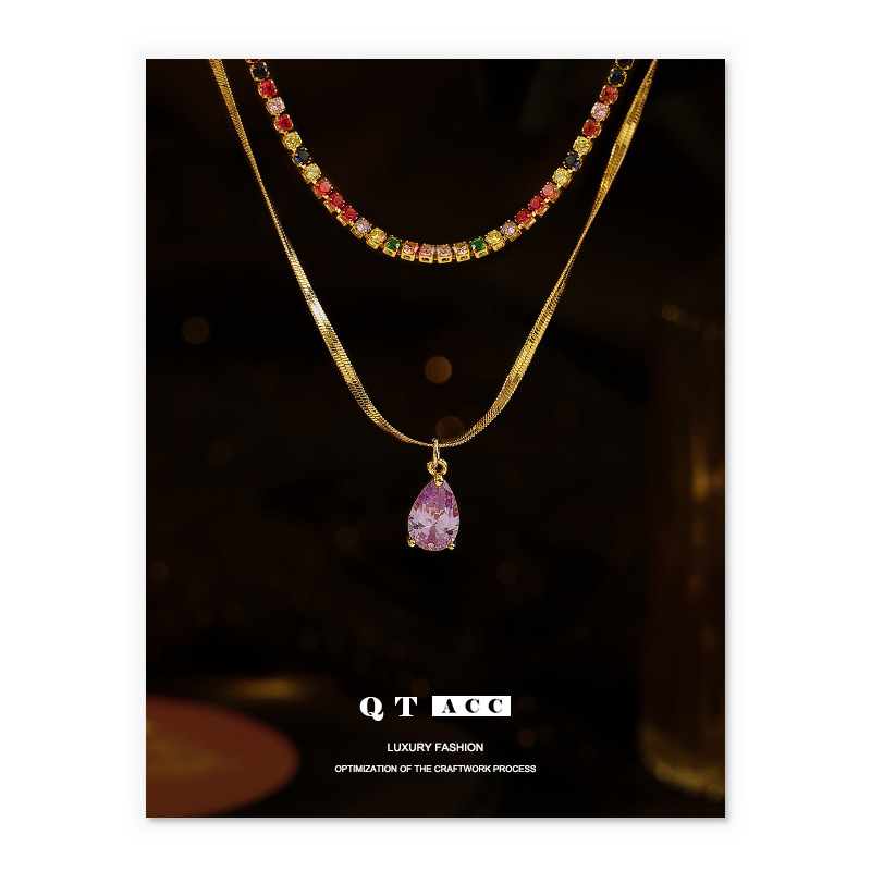 Latón chapado 18K oro real europeo y americano retro ins estilo púrpura en forma de gota colgante de circón collar de hueso de serpiente para las mujeres image 4