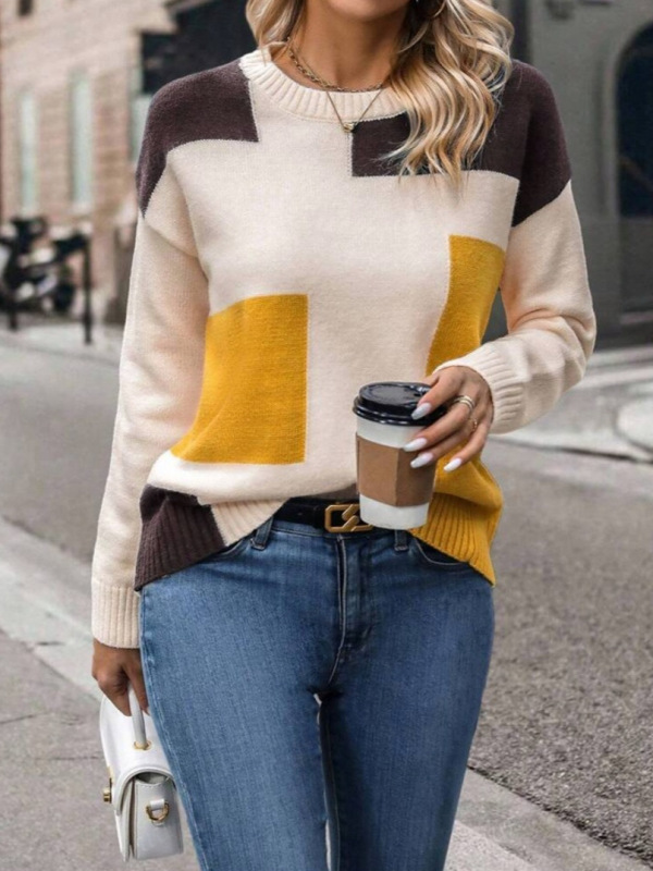 欧米の外国貿易の秋の服の女性の色合わせの糸の服のニットのセーターの丸首のプルオーバーの上着のアマゾンの輸出|undefined