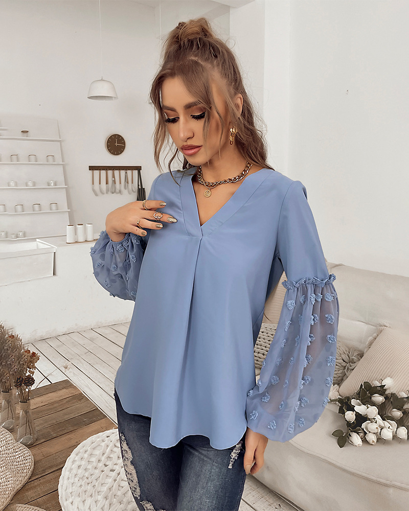 blue lace stitching long-sleeved casual commuter top  NSKA121477