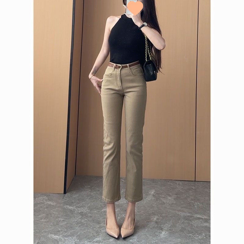 经典卡其色老钱风直筒牛仔裤女2025秋冬加绒高腰弹力九分裤烟管裤