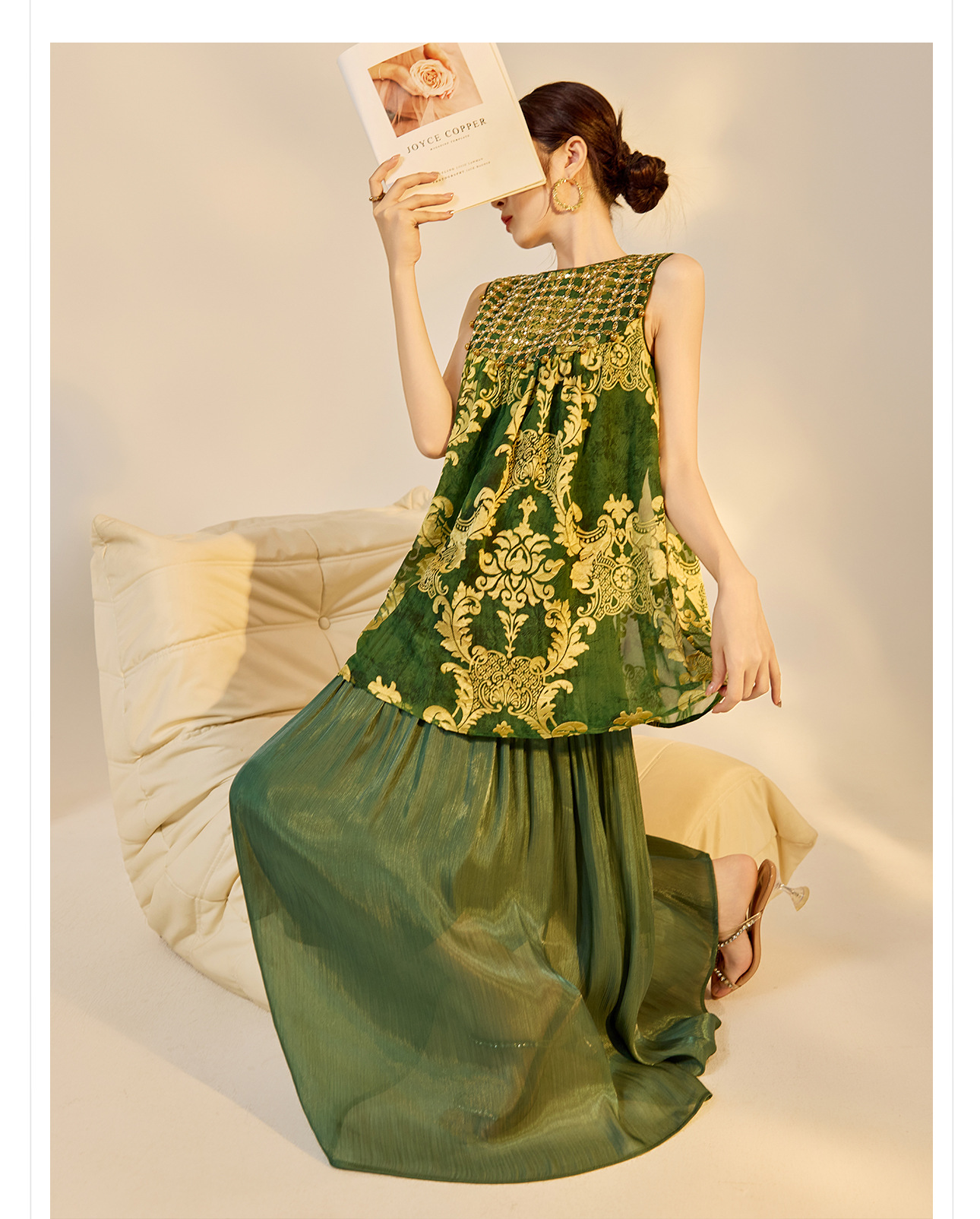 Đầm maxi nữ phong cách Trung Hoa mới, tay không, đính cườm lụa, dáng thắt eo N6041 — màu vàng, xanh lá cây chi tiết 12