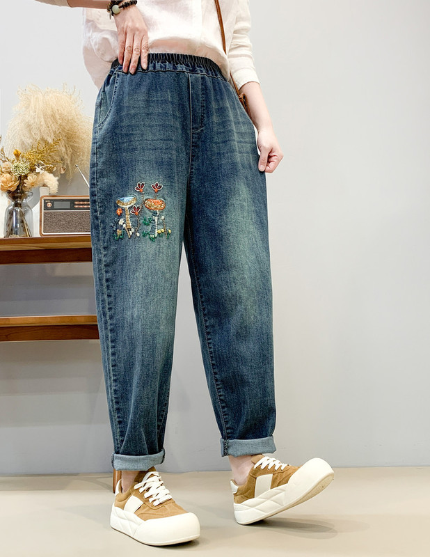 Japanese Mori Girl Cartoon Embroidered Bear Letters Loose Ladies Denim Trousers Wholesale Trendy