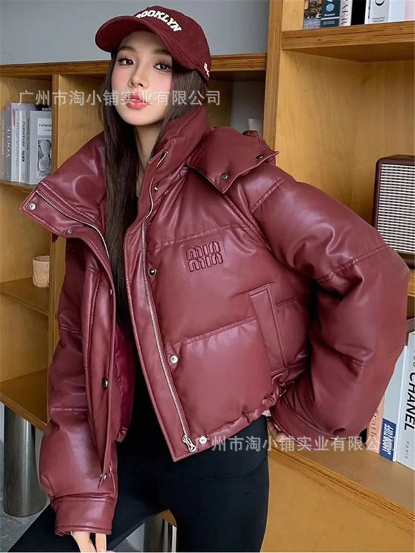 PU皮短款免洗连帽羽绒棉服女2025新款宽松时尚简约美拉德通勤外套|undefined