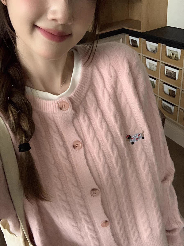 腊肠狗刺绣麻花毛衣开衫女2025早秋新款复古宽松慵懒针织上衣|undefined