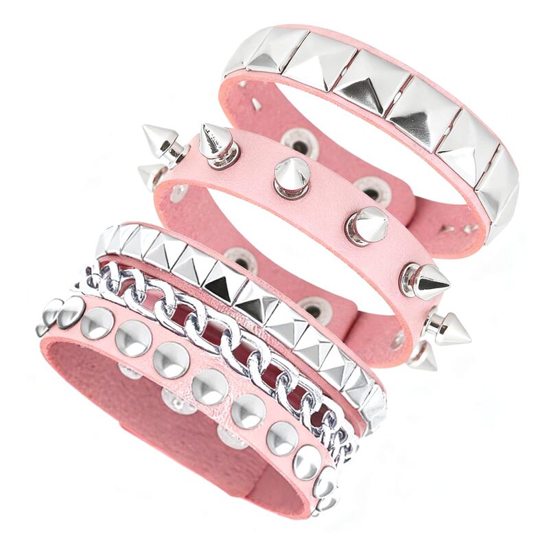 Cross-Border Women's Punk Style Leather Bracelet Accessories Pink Chain Versatile Metal Trendy Cool Accessory Bracelet