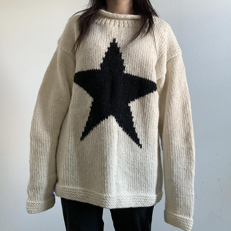 Estación independiente de Amazon Otoño e invierno europeo y americano suéter de color de contraste de estrella de cinco puntas femenino y2g cuello redondo suelto de punto superior femenino 806