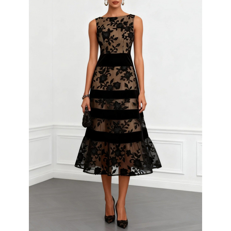 European and American style black mesh flocking jacquard patchwork slim-fit dress
