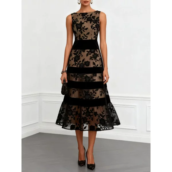 European and American style black mesh flocking jacquard patchwork slim-fit dress