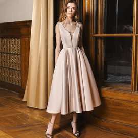 亚马逊速卖通Ebay热卖露背拉链深V领无袖粉色性感时尚新款礼服