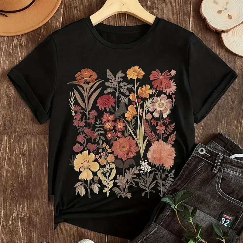 Cross-border Women's Etsy Amazon Hot Sale Hot Color Floral Printing Loose Casual Short-sleeved T-shirt for Women