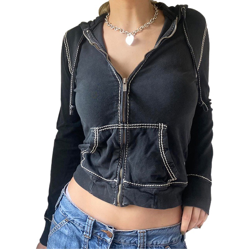 Abrigo de suéter con capucha de las mujeres europeas y Americanas Otoño e Invierno Nuevos deportes casual cardigan cremallera casual corto Top SU3079