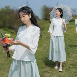 春夏中国风禅意女装汉元素交领七分袖中式上衣复古禅修茶艺师服装