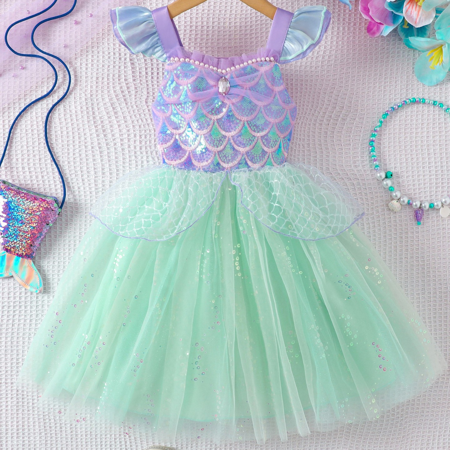 Girls' Summer Hot-Selling Flutter Sleeve Strap Mesh With Sparkling Sequins Mermaid Princess Dress_voghion.com