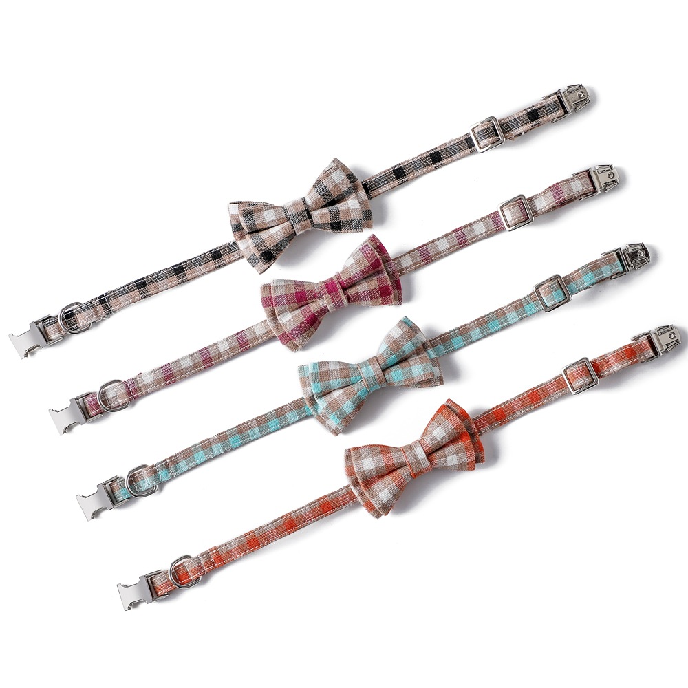 Fabricantes de nuevos productos de mascotas transfronterizos en stock para gatos cuadrícula arco de mariposa piel suave collar de gato perro