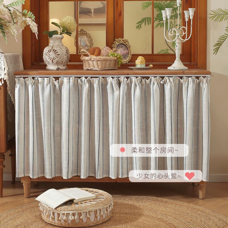 French-style vintage linen sheer curtains for bedroom, living room, balcony, bay window, kitchen, with blue stripes and an atmospheric design French-style vintage linen sheer curtains for bedroom, living room, balcony, bay window, kitchen, with blue stripes and an atmospheric design
