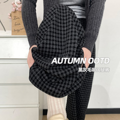 美式复古格子直筒阔腿裤女秋季2025新款高腰慵懒宽松加厚加绒长裤