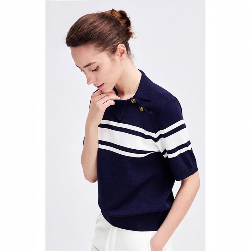 high quality Italian Sailboat Summer Striped Short-sleeved Polo Shirt Women's New Design Sense Knitted T-shirt