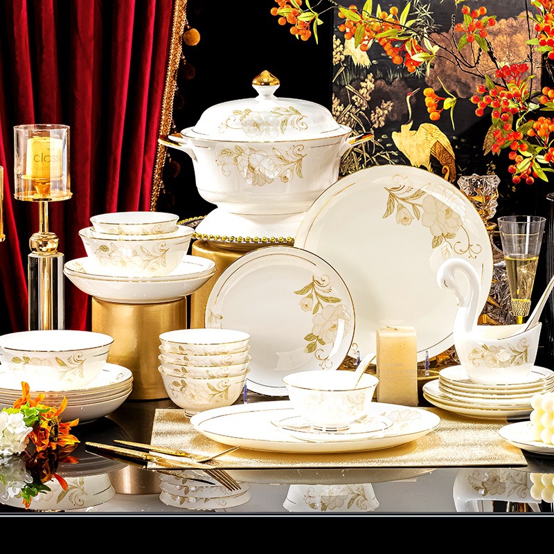 Vajilla de porcelana de hueso Jingdezhen Juego de vajilla de fénix de lujo ligero Regalos para el hogar Platos de cerámica Combinación de platos Tazón de sopa de fideos