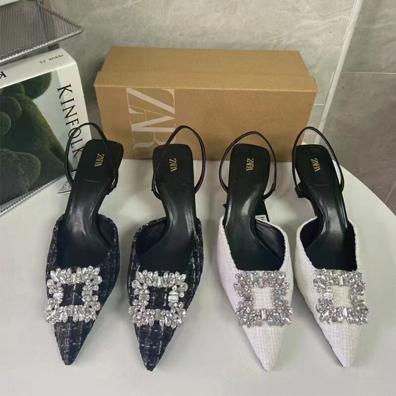 ZA Spring and Summer New High-heeled Pointed Rhinestone Square Buckle Inlaid with Bright Decorated Shallow-heeled Back Lace-up Thin-heeled Sandals for Women
