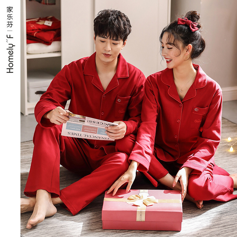 Suit% cotton pajamas for wedding couple bright red long sleeve women's home wear men's spring and autumn bridal festive