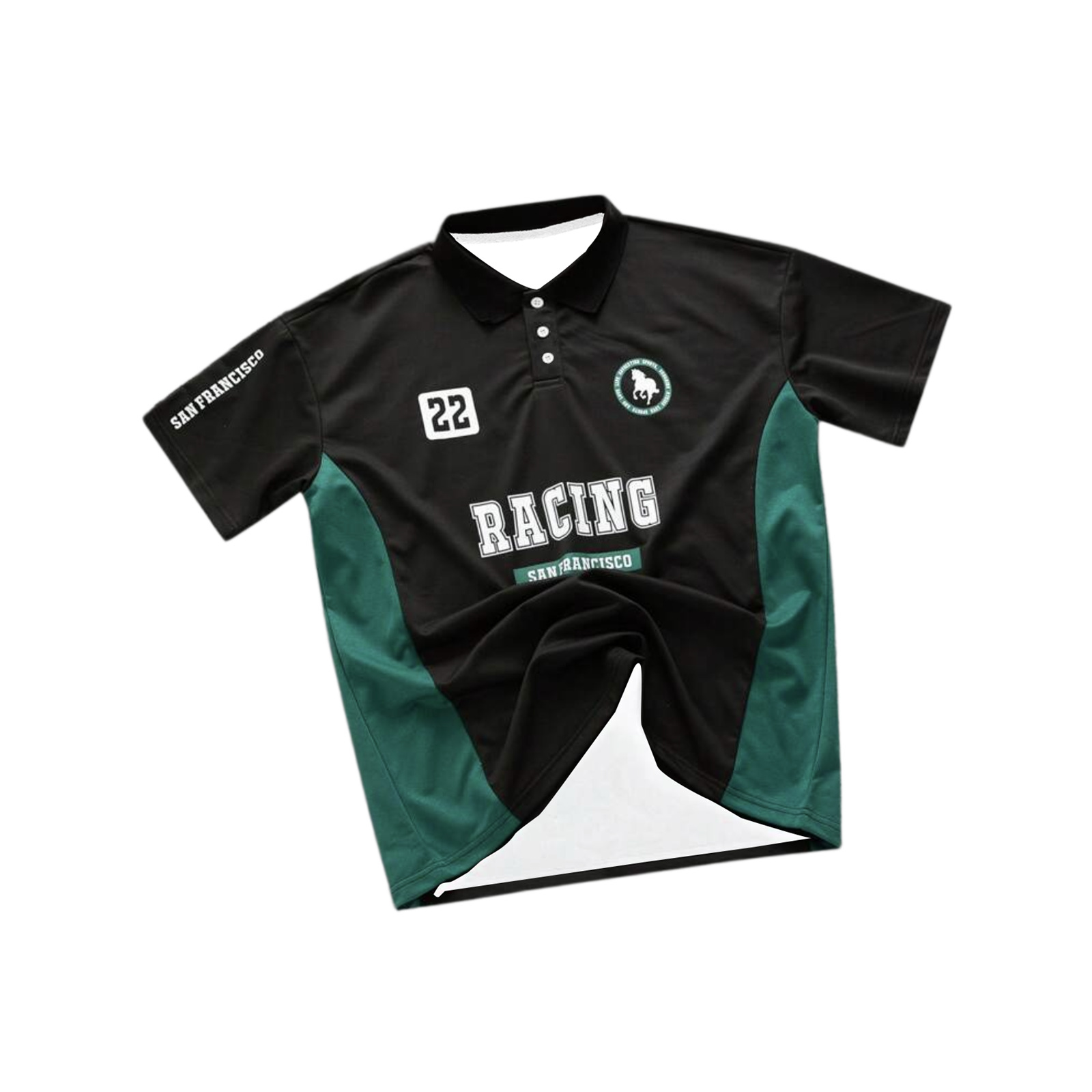 T-shirt d'été pour homme, style racing, color block noir et vert, manches courtes, col, tendance rétro, numéro 22_voghion.com