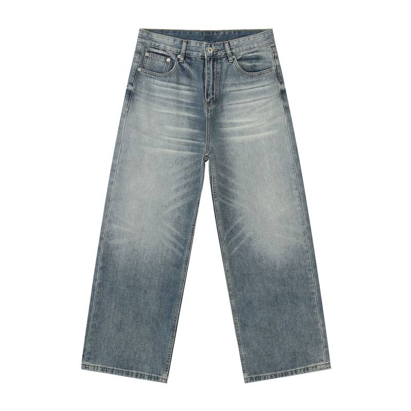 Quần jeans nam ống rộng lưng giữa, dáng suông thoải mái, chất denim washed — màu xanh, màu xanh nhạt, màu xám đen