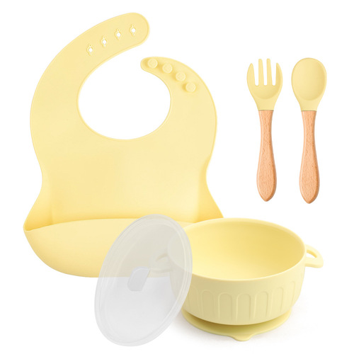 Set of 5 Children's Silicone Tableware: Bib, Suction Bowl, Wooden-handled Spoons and Forks - Baby Eating Silicone Bowl, Spoons and Forks