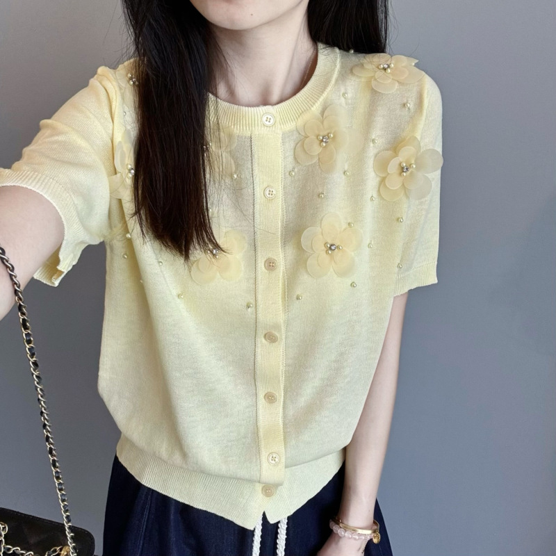 立体花瓣！精致风立体花朵钉珠天丝亚麻透气针织开衫女秋|undefined