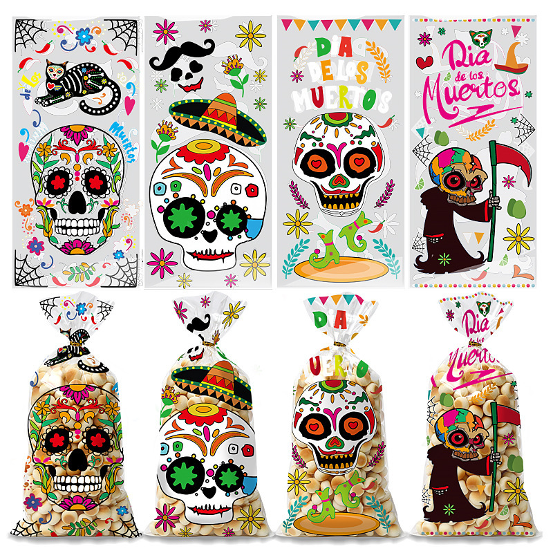 跨境新款墨西哥土著亡灵节派对礼品袋万圣节饼干OP平口袋骷髅头袋