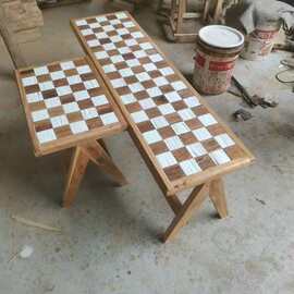 侘寂风老榆木长条凳棋盘拼花餐凳民宿复古休闲凳卧室床尾换鞋凳