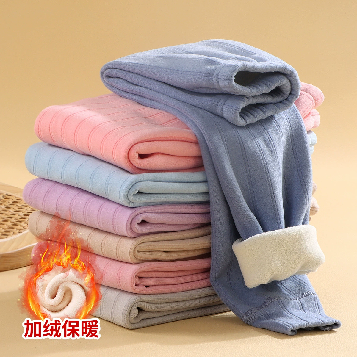 2025 новых детских бесшовных осенне-зимних толстых теплых брюк на флисовой подкладке для детей старшего возраста, одинарные брюки в римскую полоску для мальчиков и девочек.