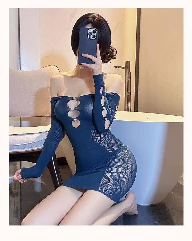 Red Mesh Slim-Fit Dress with Hollow-Out Details and Open Crotch Design, One Size — detail image 8