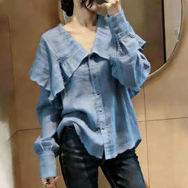 欧货高端蓝色大气上衣女2026夏季新款设计感别致松弛感百搭衬衫潮