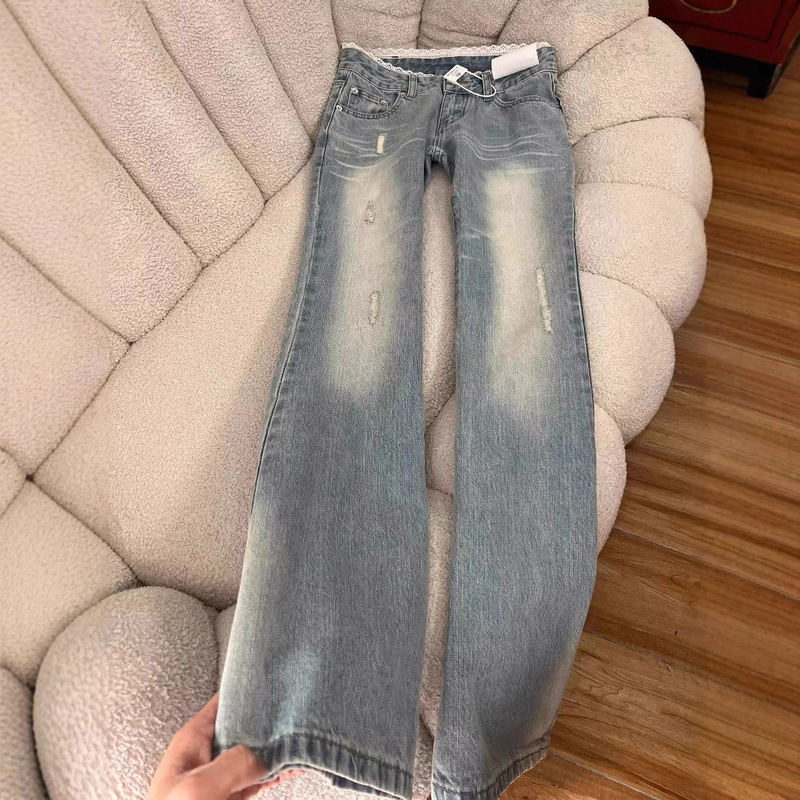 Vintage Washed Light Color Micro-Lace Jeans Women's Spring and Summer New Lace Stitching Low Waist Loose No-Leg Flared Pants