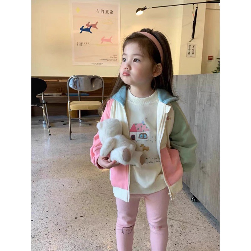 Spring 2024 Girls Cute Colorblock Sweatshirt Girls Children Baby Cute House Zipper Cardigan Hooded Jacket