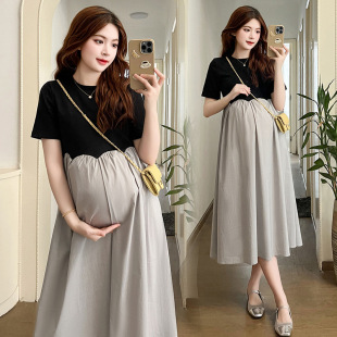 Pregnant Women's Dress Summer High-end Casual Cotton Stitching Short-sleeved Dress Summer Design Age-reducing Long Dress for Women