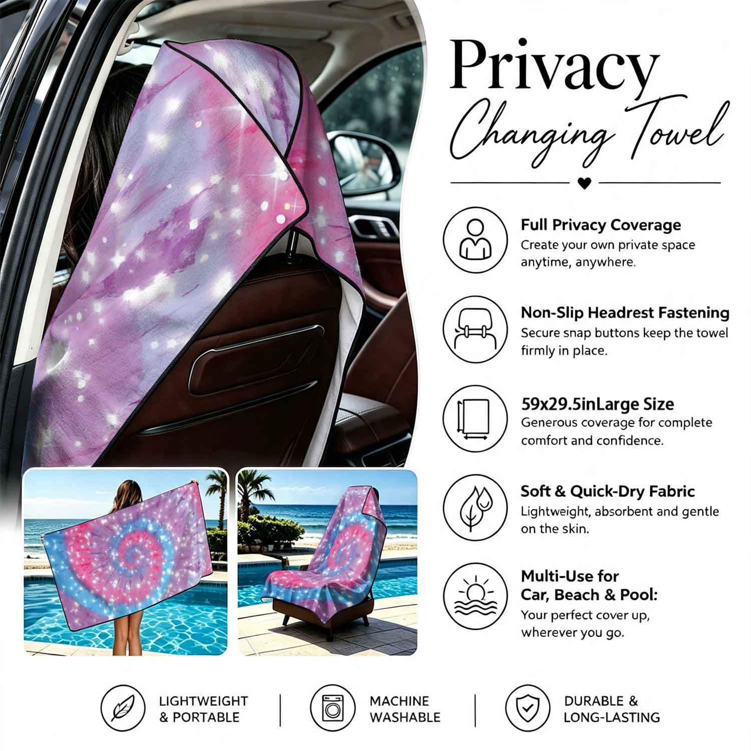 Printed bath towel and car seat cover 2-in-1, ultra-fine fiber outdoor beach and car dual-use universal seat cushion