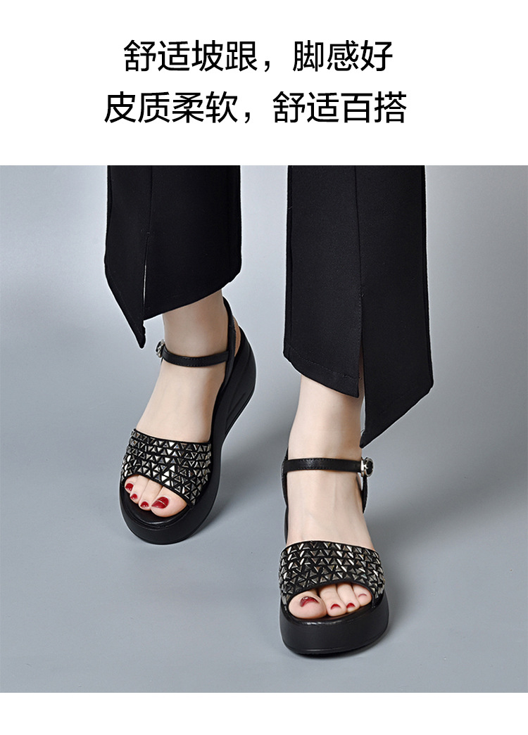 Dép sandal nữ đế xuồng đính đá cao cấp, gót cao tăng chiều — Màu đen chi tiết 3