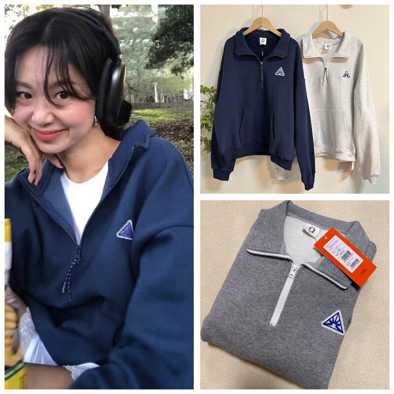 In-Stock Korean Trendy Brand Fever Same Style Triangle Embroidery Small Icon Half-Zip Sweatshirt Thin Fleece Casual Jimo Sweatshirt