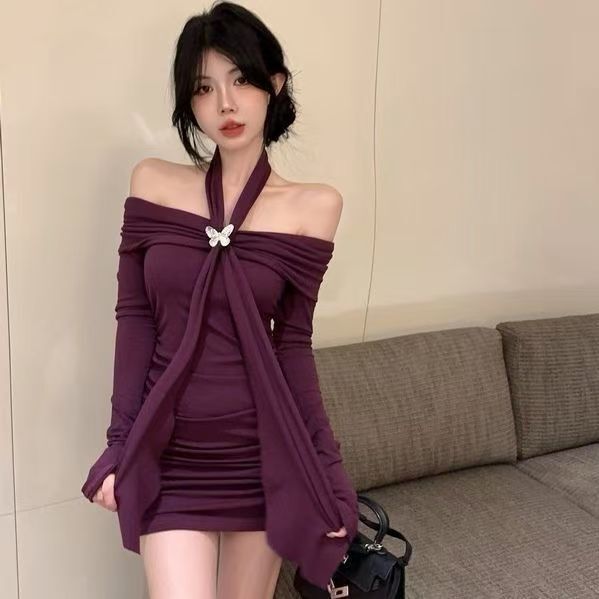 Autumn and Winter Pure Lust Sexy Hip-Hugging Little Mom Skirt One-Shoulder Socialite Inner Skirt Halter Neck Purple Long-Sleeved Dress for Women