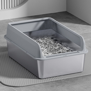 Stainless steel cat litter box open cat litter box high fence oversized anti-splash deepening semi-closed cat toilet