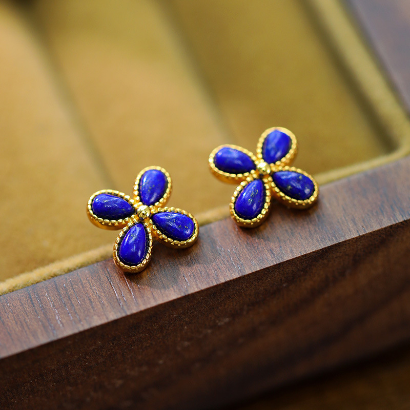 (2개) HUIBAOLI S  금도금 LAPIS LILZULI SOUTH RED AGATE 4 잎 클로버 패션 단순 올 매치 여성 귀걸이