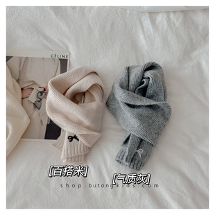 Ins Style Simple Bow Embroidered Children's Wool Scarf Autumn and Winter Cream Color Baby's Knitted Warm Scarf