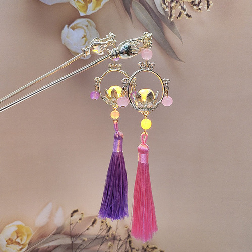 New antique style luminous blue lantern tassel hairpin retro all-match walking hairpin Hanfu cheongsam accessories headdress