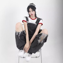重工ins破洞牛仔背带裤女设计感辣妹风炸街宽松高腰显瘦阔腿长裤