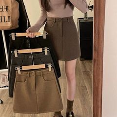 咖色毛呢半身裙女秋冬新款休闲百搭气质短裙高腰显瘦学院风a字裙